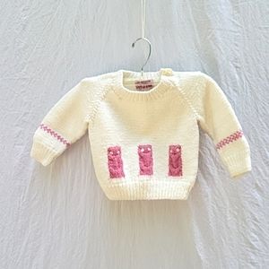 Girl's handmade sweater, off white w pink owls, buttons at neck, sz 2T
